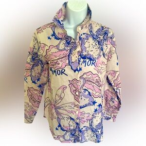 Las Surenas  Amor Linen  Button-Up Shirt- XS -blue pink cream, linen cotton